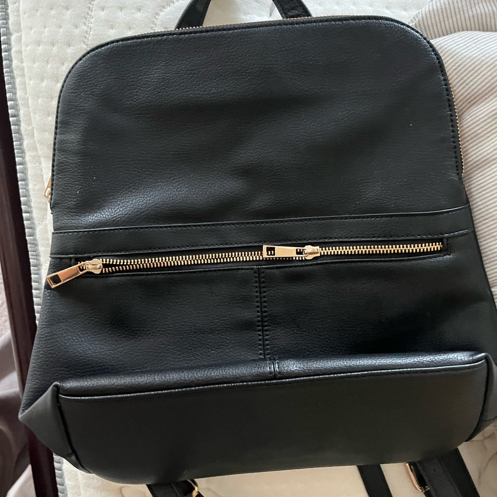Black Leather Backpack with Gold Zipper